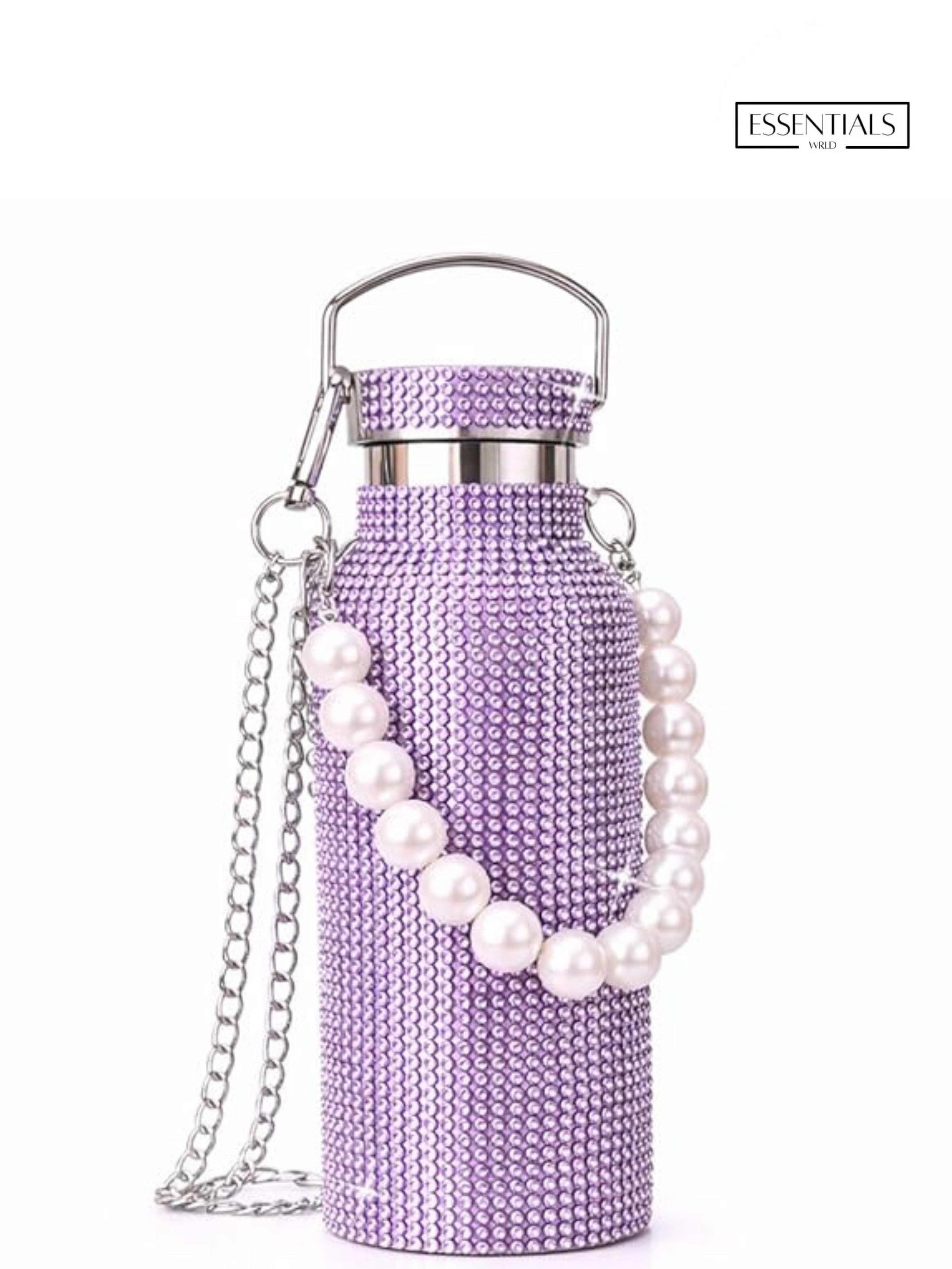 Sling Bling Water Bottle | 650ML | Stylish Insulated Bottle with Strap for Travel & Daily Use | Insulated with Silver Chain Strap & Pearl Charm | Birthday Anniversary Valentine Gift for Girlfriend Wife Sister