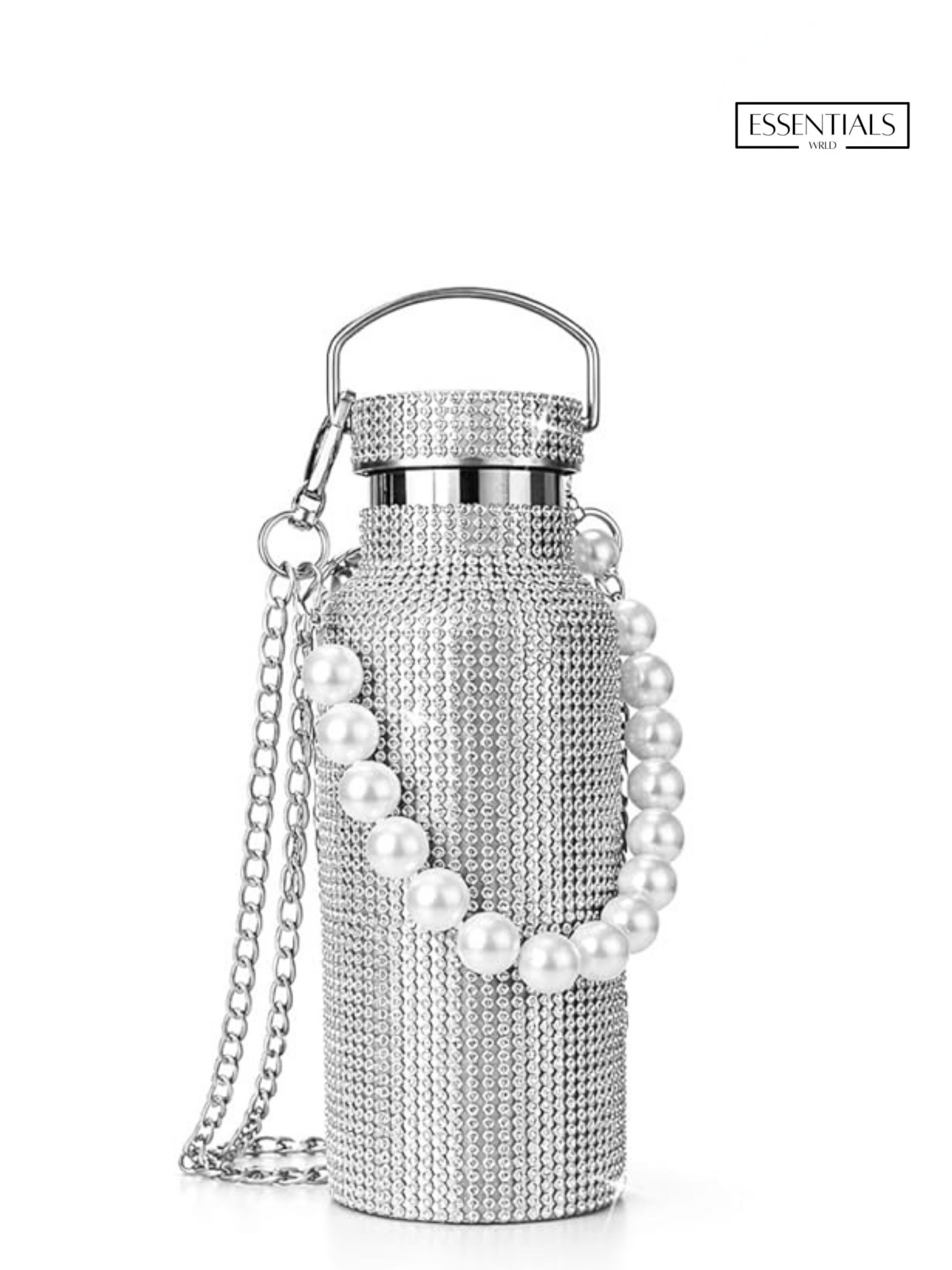 Sling Bling Water Bottle | 650ML | Stylish Insulated Bottle with Strap for Travel & Daily Use | Insulated with Silver Chain Strap & Pearl Charm | Birthday Anniversary Valentine Gift for Girlfriend Wife Sister