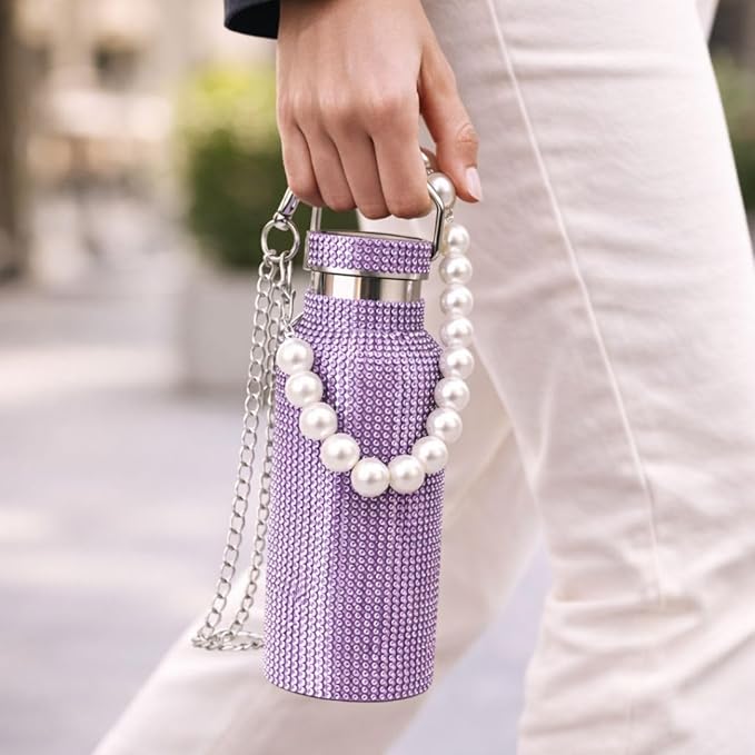 Sling Bling Water Bottle | 650ML | Stylish Insulated Bottle with Strap for Travel & Daily Use | Insulated with Silver Chain Strap & Pearl Charm | Birthday Anniversary Valentine Gift for Girlfriend Wife Sister