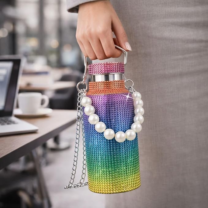 Sling Bling Water Bottle | 650ML | Stylish Insulated Bottle with Strap for Travel & Daily Use | Insulated with Silver Chain Strap & Pearl Charm | Birthday Anniversary Valentine Gift for Girlfriend Wife Sister