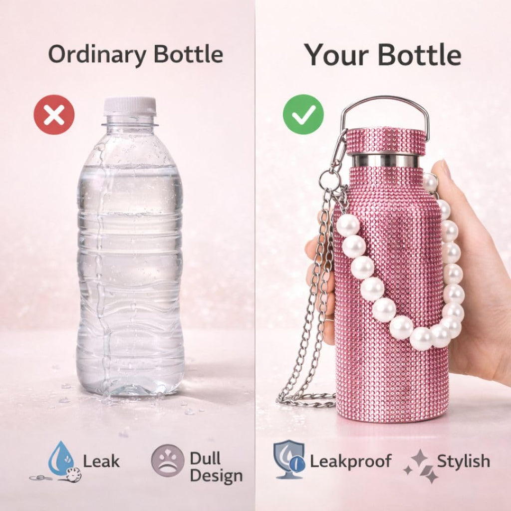 Sling Bling Water Bottle | 650ML | Stylish Insulated Bottle with Strap for Travel & Daily Use | Insulated with Silver Chain Strap & Pearl Charm | Birthday Anniversary Valentine Gift for Girlfriend Wife Sister