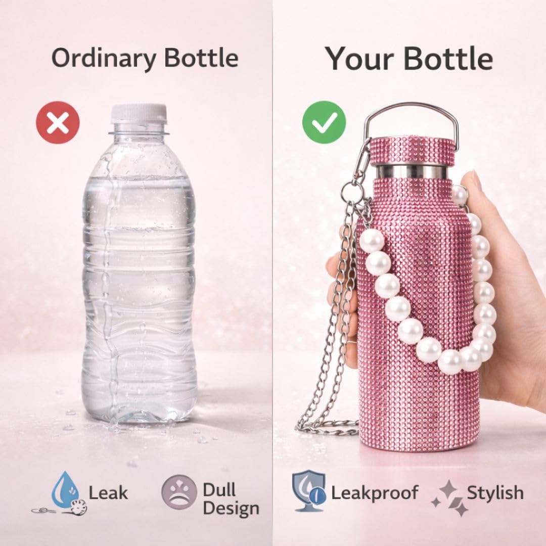 Sling Bling Water Bottle | 650ML | Stylish Insulated Bottle with Strap for Travel & Daily Use | Insulated with Silver Chain Strap & Pearl Charm | Birthday Anniversary Valentine Gift for Girlfriend Wife Sister