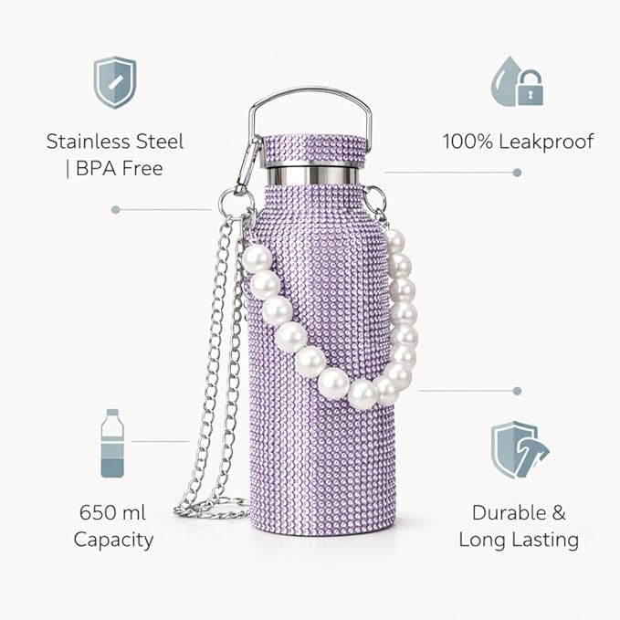 Sling Bling Water Bottle | 650ML | Stylish Insulated Bottle with Strap for Travel & Daily Use | Insulated with Silver Chain Strap & Pearl Charm | Birthday Anniversary Valentine Gift for Girlfriend Wife Sister