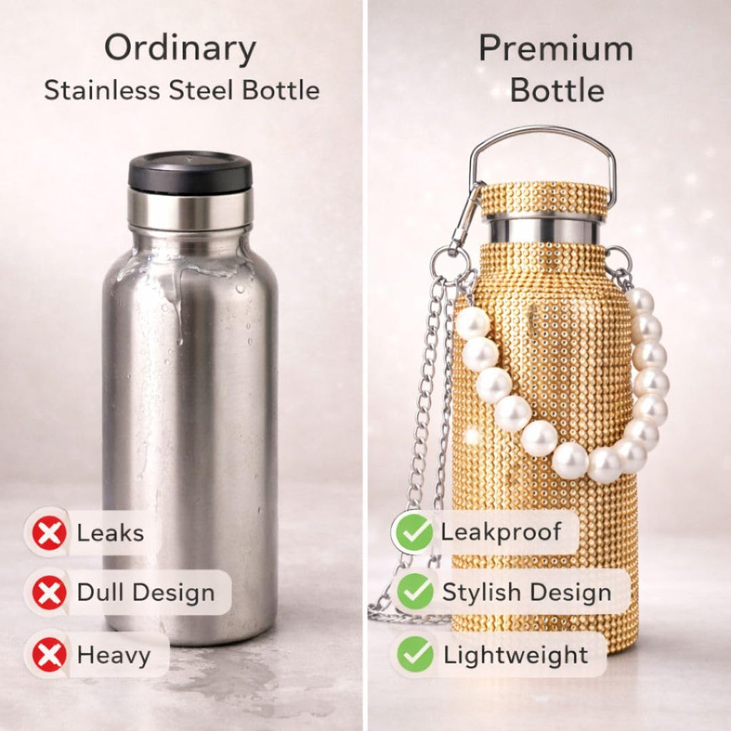 Sling Bling Water Bottle | 650ML | Stylish Insulated Bottle with Strap for Travel & Daily Use | Insulated with Silver Chain Strap & Pearl Charm | Birthday Anniversary Valentine Gift for Girlfriend Wife Sister