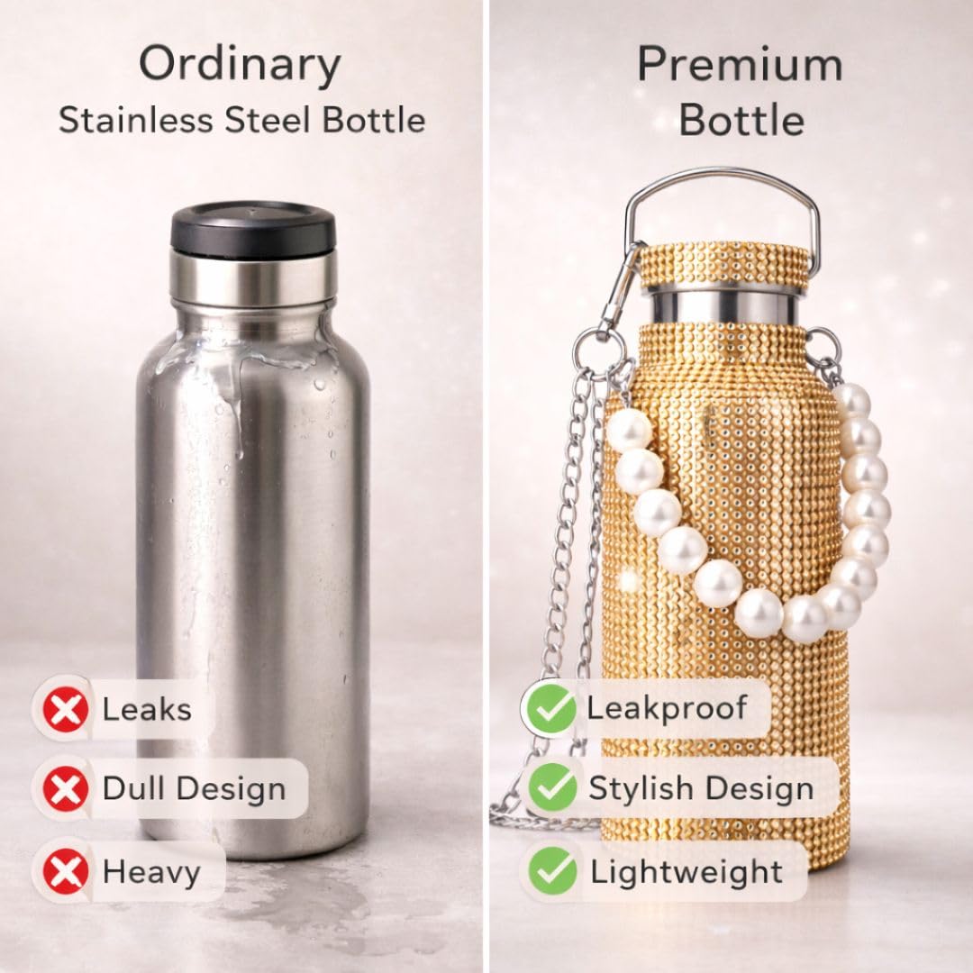 Sling Bling Water Bottle | 650ML | Stylish Insulated Bottle with Strap for Travel & Daily Use | Insulated with Silver Chain Strap & Pearl Charm | Birthday Anniversary Valentine Gift for Girlfriend Wife Sister