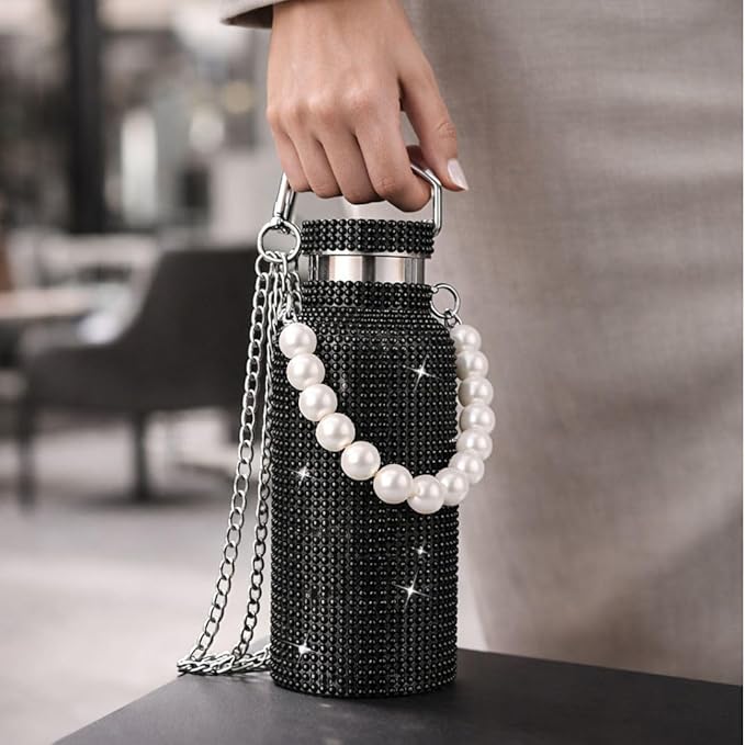 Sling Bling Water Bottle | 650ML | Stylish Insulated Bottle with Strap for Travel & Daily Use | Insulated with Silver Chain Strap & Pearl Charm | Birthday Anniversary Valentine Gift for Girlfriend Wife Sister