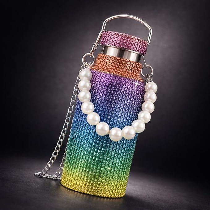 Sling Bling Water Bottle | 650ML | Stylish Insulated Bottle with Strap for Travel & Daily Use | Insulated with Silver Chain Strap & Pearl Charm | Birthday Anniversary Valentine Gift for Girlfriend Wife Sister