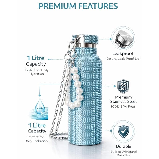 Sling Bling Water Bottle | 650ML | Stylish Insulated Bottle with Strap for Travel & Daily Use | Insulated with Silver Chain Strap & Pearl Charm | Birthday Anniversary Valentine Gift for Girlfriend Wife Sister