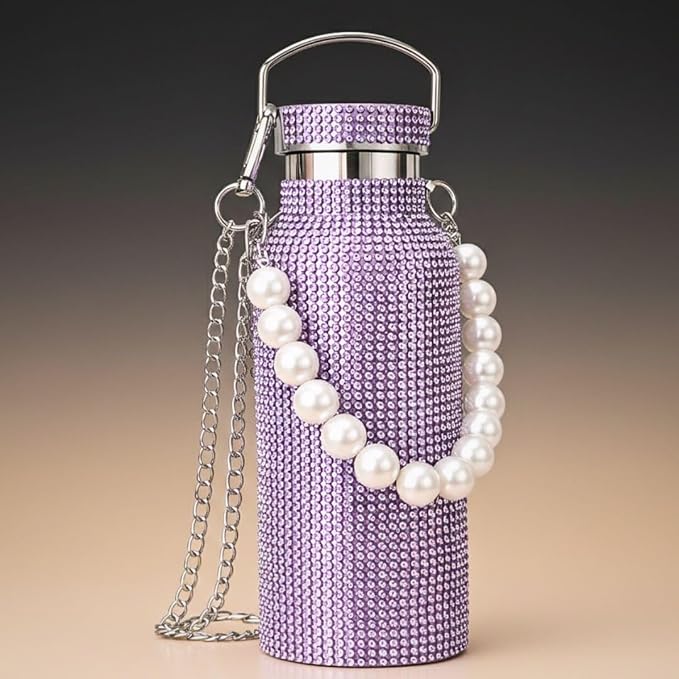 Sling Bling Water Bottle | 650ML | Stylish Insulated Bottle with Strap for Travel & Daily Use | Insulated with Silver Chain Strap & Pearl Charm | Birthday Anniversary Valentine Gift for Girlfriend Wife Sister