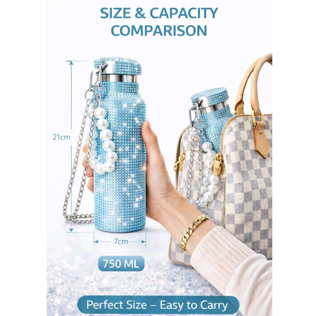 Sling Bling Water Bottle | 650ML | Stylish Insulated Bottle with Strap for Travel & Daily Use | Insulated with Silver Chain Strap & Pearl Charm | Birthday Anniversary Valentine Gift for Girlfriend Wife Sister