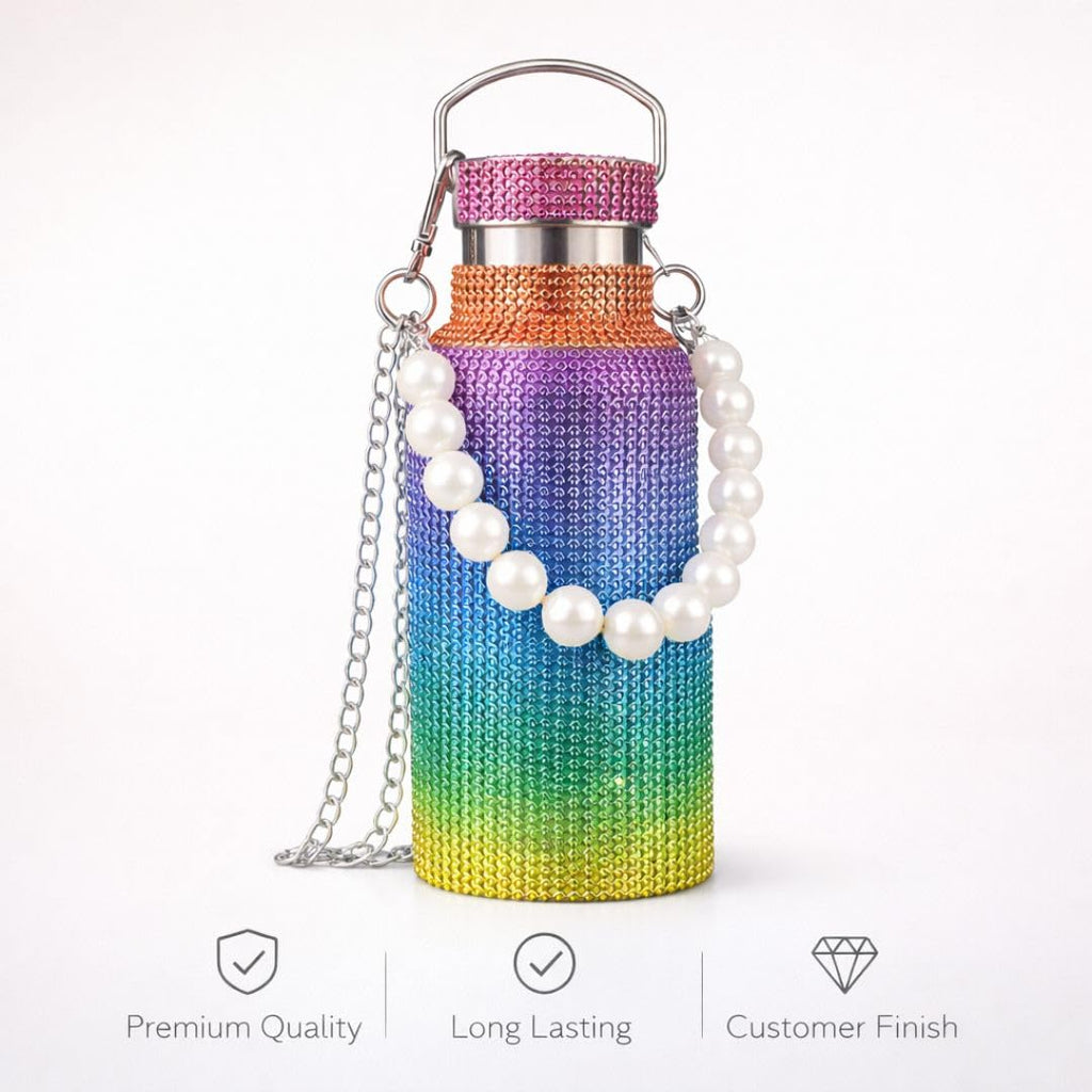 Sling Bling Water Bottle | 650ML | Stylish Insulated Bottle with Strap for Travel & Daily Use | Insulated with Silver Chain Strap & Pearl Charm | Birthday Anniversary Valentine Gift for Girlfriend Wife Sister