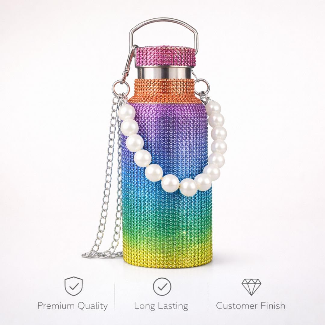 Sling Bling Water Bottle | 650ML | Stylish Insulated Bottle with Strap for Travel & Daily Use | Insulated with Silver Chain Strap & Pearl Charm | Birthday Anniversary Valentine Gift for Girlfriend Wife Sister