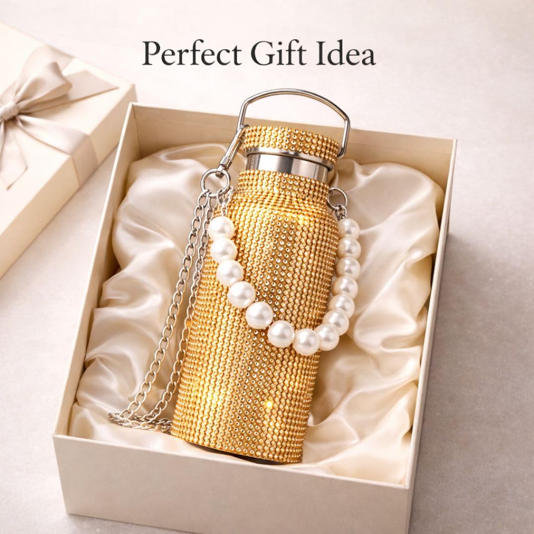 Sling Bling Water Bottle | 650ML | Stylish Insulated Bottle with Strap for Travel & Daily Use | Insulated with Silver Chain Strap & Pearl Charm | Birthday Anniversary Valentine Gift for Girlfriend Wife Sister