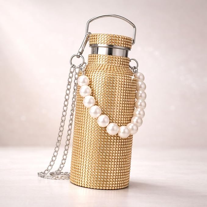 Sling Bling Water Bottle | 650ML | Stylish Insulated Bottle with Strap for Travel & Daily Use | Insulated with Silver Chain Strap & Pearl Charm | Birthday Anniversary Valentine Gift for Girlfriend Wife Sister