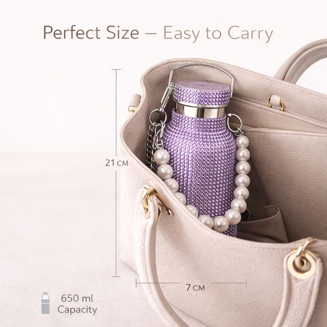 Sling Bling Water Bottle | 650ML | Stylish Insulated Bottle with Strap for Travel & Daily Use | Insulated with Silver Chain Strap & Pearl Charm | Birthday Anniversary Valentine Gift for Girlfriend Wife Sister