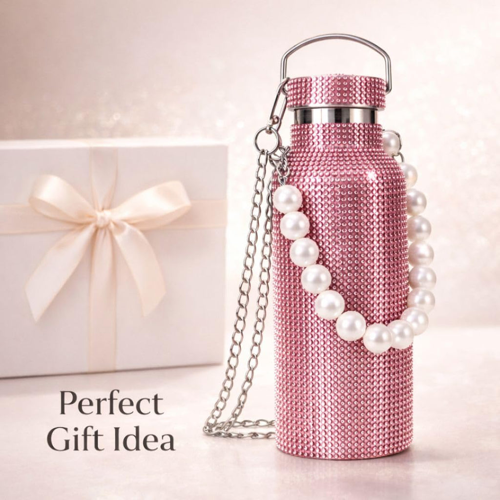 Sling Bling Water Bottle | 650ML | Stylish Insulated Bottle with Strap for Travel & Daily Use | Insulated with Silver Chain Strap & Pearl Charm | Birthday Anniversary Valentine Gift for Girlfriend Wife Sister