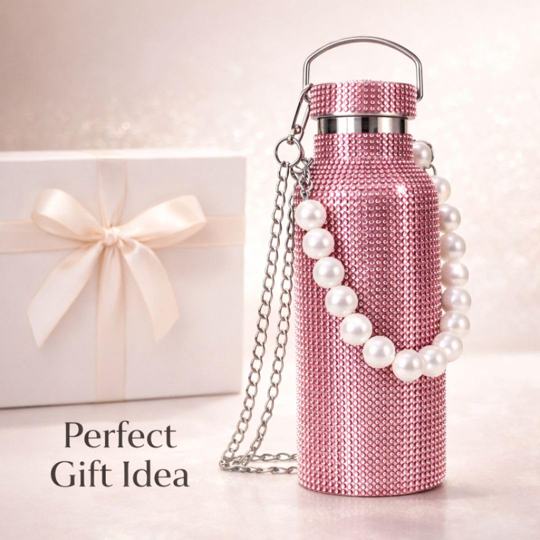 Sling Bling Water Bottle | 650ML | Stylish Insulated Bottle with Strap for Travel & Daily Use | Insulated with Silver Chain Strap & Pearl Charm | Birthday Anniversary Valentine Gift for Girlfriend Wife Sister