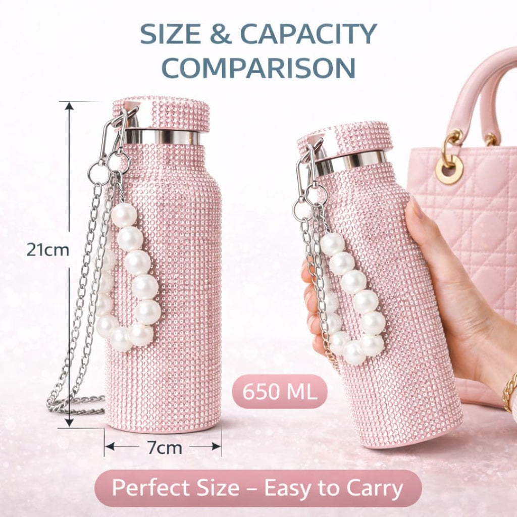 Sling Bling Water Bottle | 650ML | Stylish Insulated Bottle with Strap for Travel & Daily Use | Insulated with Silver Chain Strap & Pearl Charm | Birthday Anniversary Valentine Gift for Girlfriend Wife Sister