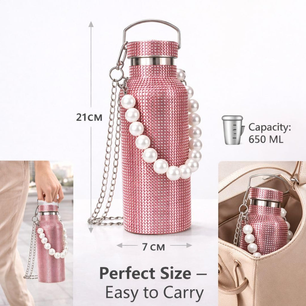 Sling Bling Water Bottle | 650ML | Stylish Insulated Bottle with Strap for Travel & Daily Use | Insulated with Silver Chain Strap & Pearl Charm | Birthday Anniversary Valentine Gift for Girlfriend Wife Sister