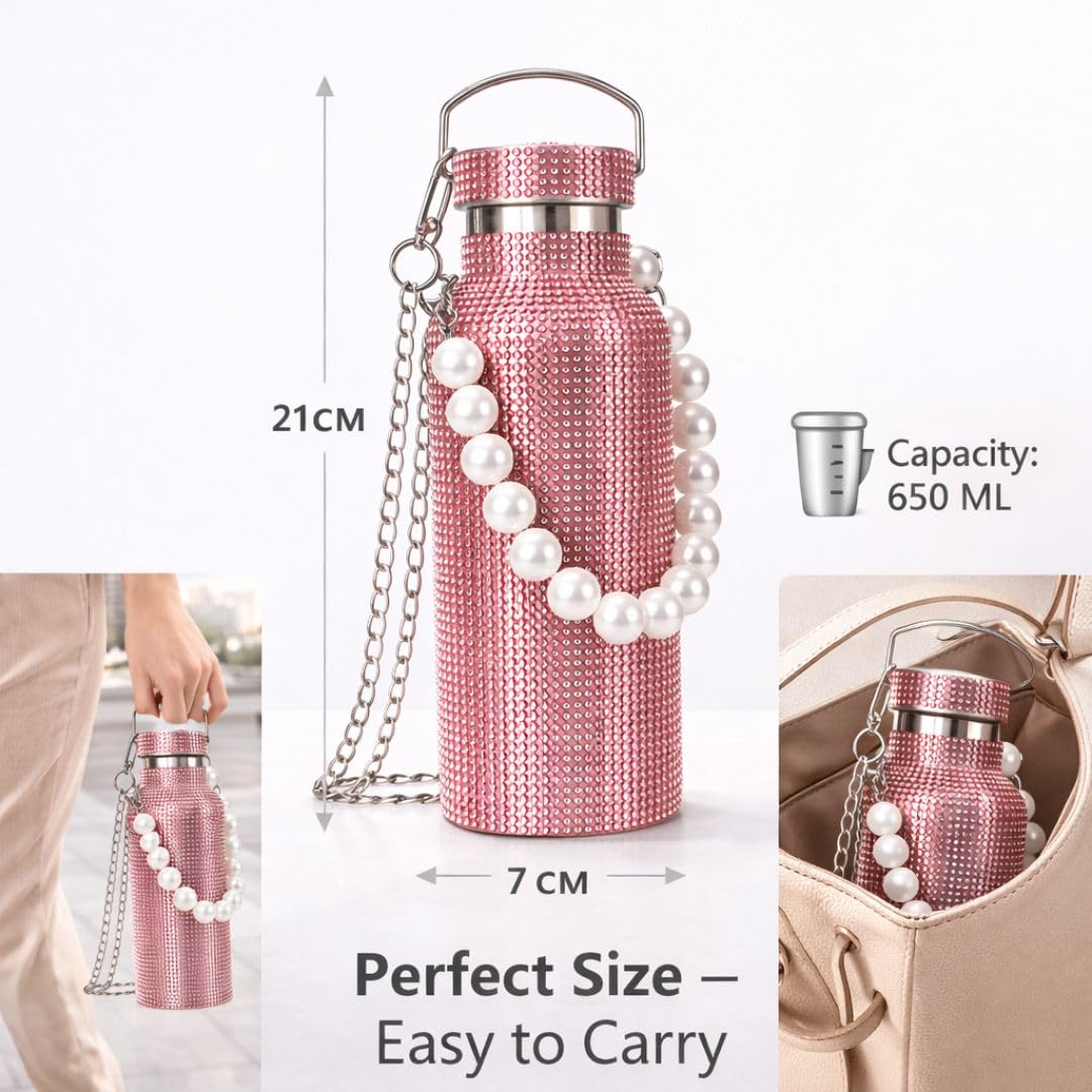 Sling Bling Water Bottle | 650ML | Stylish Insulated Bottle with Strap for Travel & Daily Use | Insulated with Silver Chain Strap & Pearl Charm | Birthday Anniversary Valentine Gift for Girlfriend Wife Sister