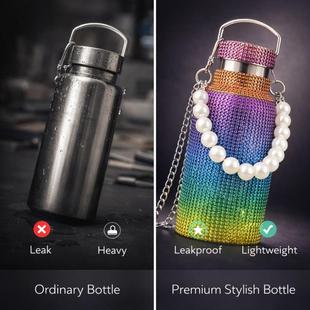 Sling Bling Water Bottle | 650ML | Stylish Insulated Bottle with Strap for Travel & Daily Use | Insulated with Silver Chain Strap & Pearl Charm | Birthday Anniversary Valentine Gift for Girlfriend Wife Sister