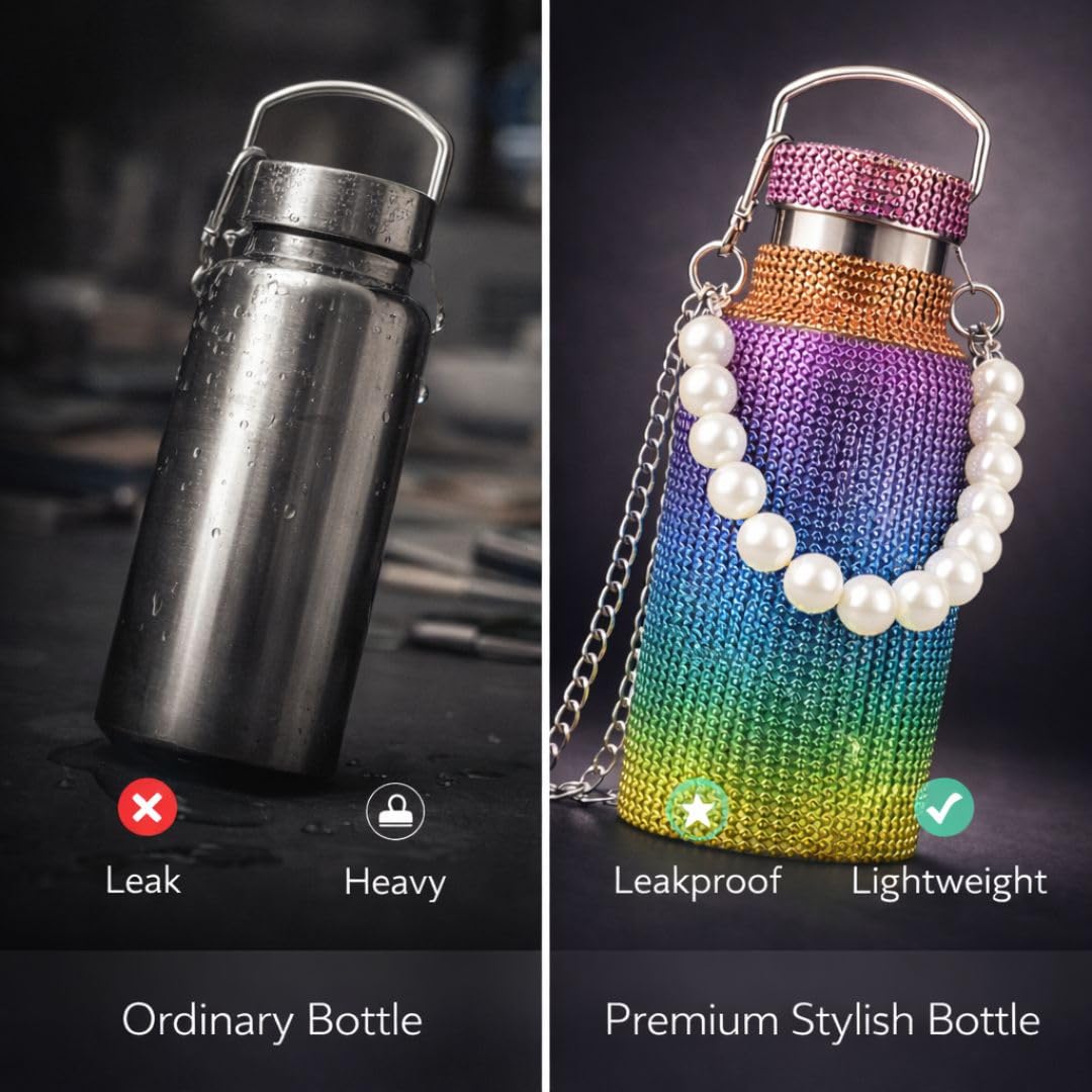 Sling Bling Water Bottle | 650ML | Stylish Insulated Bottle with Strap for Travel & Daily Use | Insulated with Silver Chain Strap & Pearl Charm | Birthday Anniversary Valentine Gift for Girlfriend Wife Sister