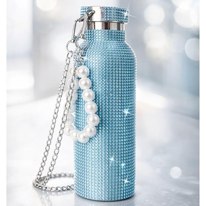 Sling Bling Water Bottle | 650ML | Stylish Insulated Bottle with Strap for Travel & Daily Use | Insulated with Silver Chain Strap & Pearl Charm | Birthday Anniversary Valentine Gift for Girlfriend Wife Sister