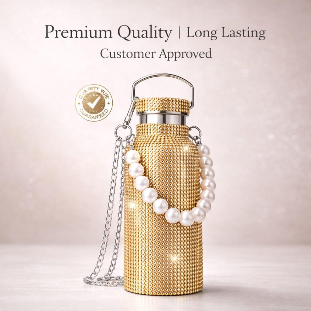 Sling Bling Water Bottle | 650ML | Stylish Insulated Bottle with Strap for Travel & Daily Use | Insulated with Silver Chain Strap & Pearl Charm | Birthday Anniversary Valentine Gift for Girlfriend Wife Sister
