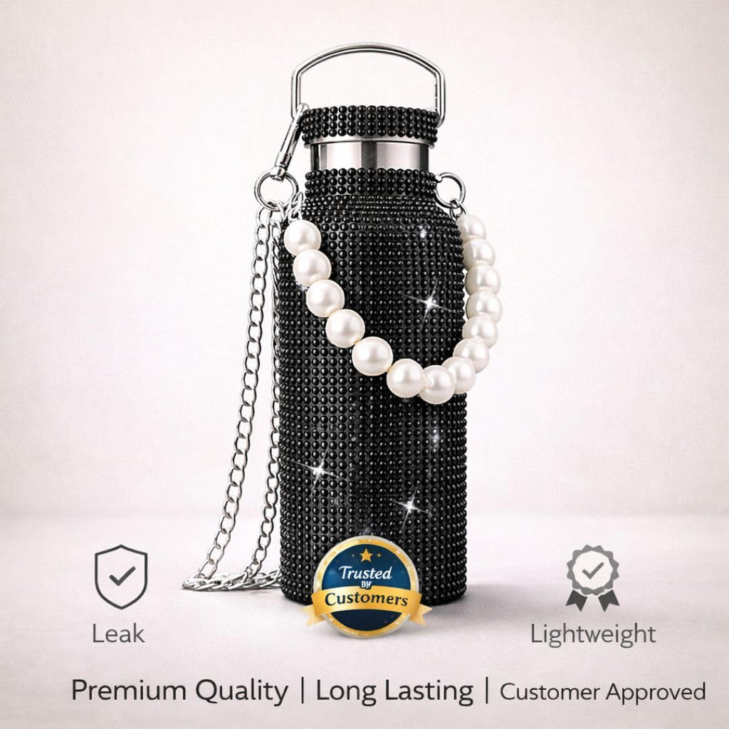Sling Bling Water Bottle | 650ML | Stylish Insulated Bottle with Strap for Travel & Daily Use | Insulated with Silver Chain Strap & Pearl Charm | Birthday Anniversary Valentine Gift for Girlfriend Wife Sister