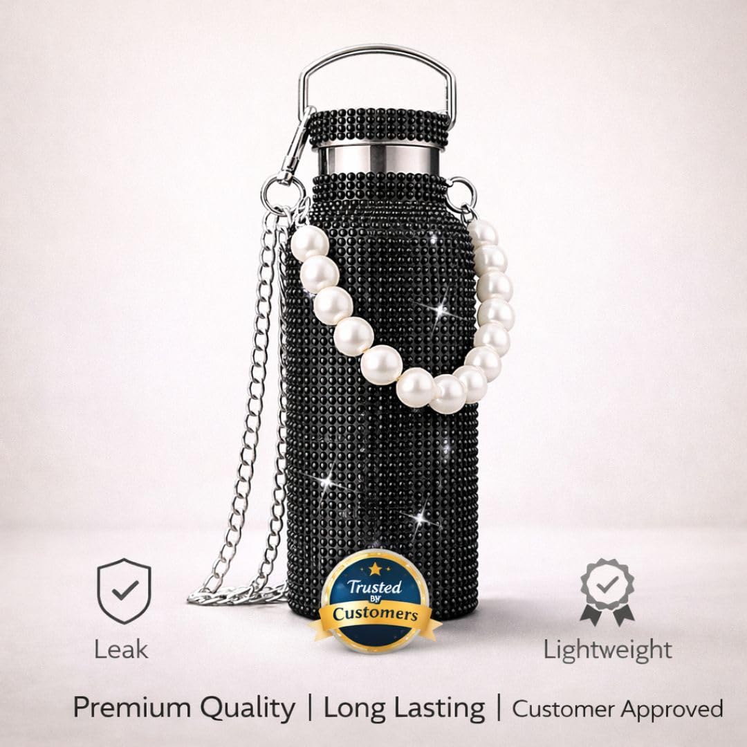 Sling Bling Water Bottle | 650ML | Stylish Insulated Bottle with Strap for Travel & Daily Use | Insulated with Silver Chain Strap & Pearl Charm | Birthday Anniversary Valentine Gift for Girlfriend Wife Sister