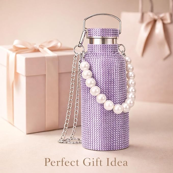 Sling Bling Water Bottle | 650ML | Stylish Insulated Bottle with Strap for Travel & Daily Use | Insulated with Silver Chain Strap & Pearl Charm | Birthday Anniversary Valentine Gift for Girlfriend Wife Sister