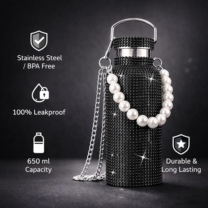 Sling Bling Water Bottle | 650ML | Stylish Insulated Bottle with Strap for Travel & Daily Use | Insulated with Silver Chain Strap & Pearl Charm | Birthday Anniversary Valentine Gift for Girlfriend Wife Sister