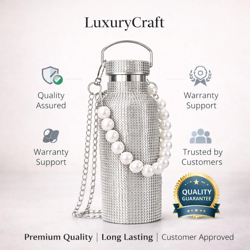 Sling Bling Water Bottle | 650ML | Stylish Insulated Bottle with Strap for Travel & Daily Use | Insulated with Silver Chain Strap & Pearl Charm | Birthday Anniversary Valentine Gift for Girlfriend Wife Sister