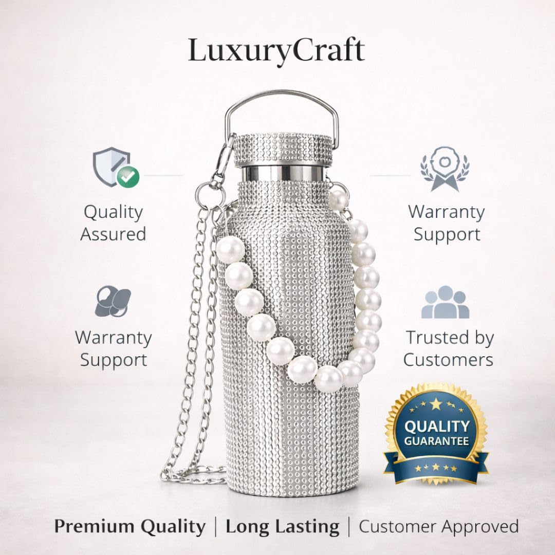 Sling Bling Water Bottle | 650ML | Stylish Insulated Bottle with Strap for Travel & Daily Use | Insulated with Silver Chain Strap & Pearl Charm | Birthday Anniversary Valentine Gift for Girlfriend Wife Sister