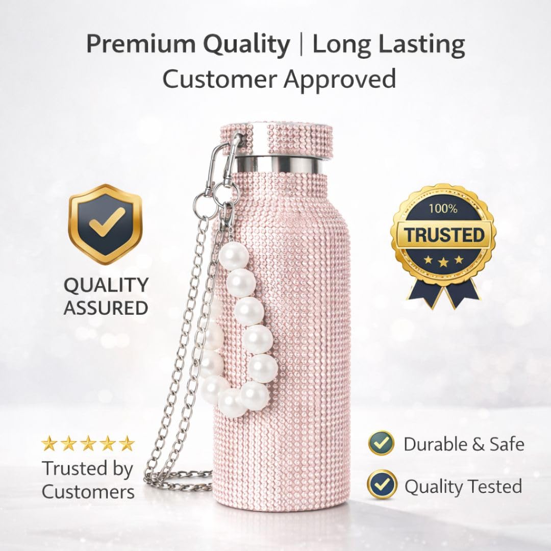 Sling Bling Water Bottle | 650ML | Stylish Insulated Bottle with Strap for Travel & Daily Use | Insulated with Silver Chain Strap & Pearl Charm | Birthday Anniversary Valentine Gift for Girlfriend Wife Sister