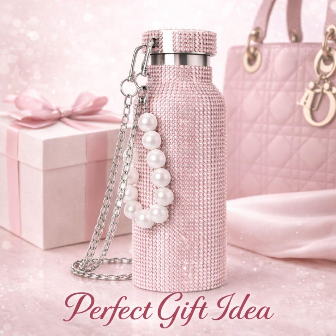 Sling Bling Water Bottle | 650ML | Stylish Insulated Bottle with Strap for Travel & Daily Use | Insulated with Silver Chain Strap & Pearl Charm | Birthday Anniversary Valentine Gift for Girlfriend Wife Sister