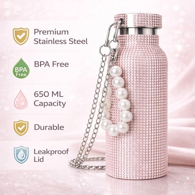 Sling Bling Water Bottle | 650ML | Stylish Insulated Bottle with Strap for Travel & Daily Use | Insulated with Silver Chain Strap & Pearl Charm | Birthday Anniversary Valentine Gift for Girlfriend Wife Sister
