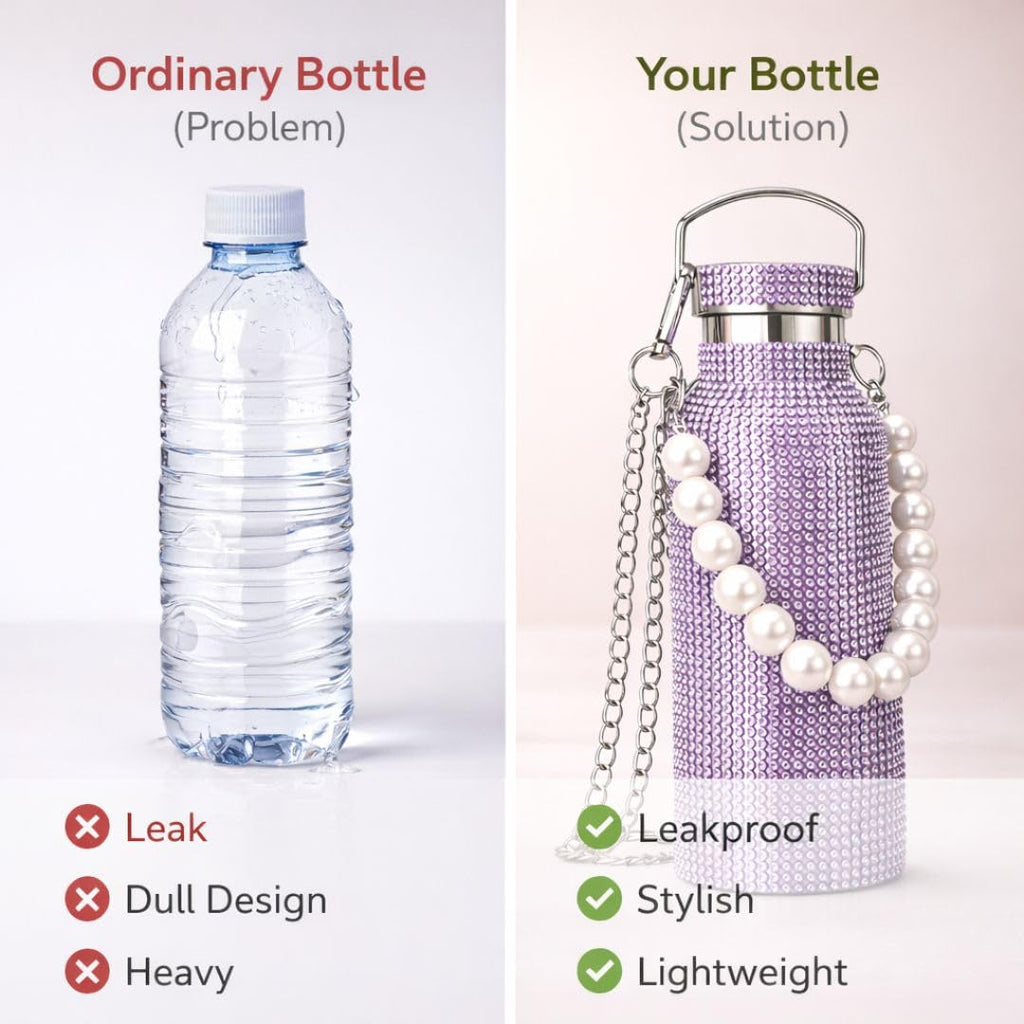 Sling Bling Water Bottle | 650ML | Stylish Insulated Bottle with Strap for Travel & Daily Use | Insulated with Silver Chain Strap & Pearl Charm | Birthday Anniversary Valentine Gift for Girlfriend Wife Sister