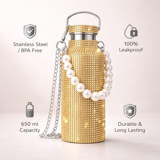 Sling Bling Water Bottle | 650ML | Stylish Insulated Bottle with Strap for Travel & Daily Use | Insulated with Silver Chain Strap & Pearl Charm | Birthday Anniversary Valentine Gift for Girlfriend Wife Sister