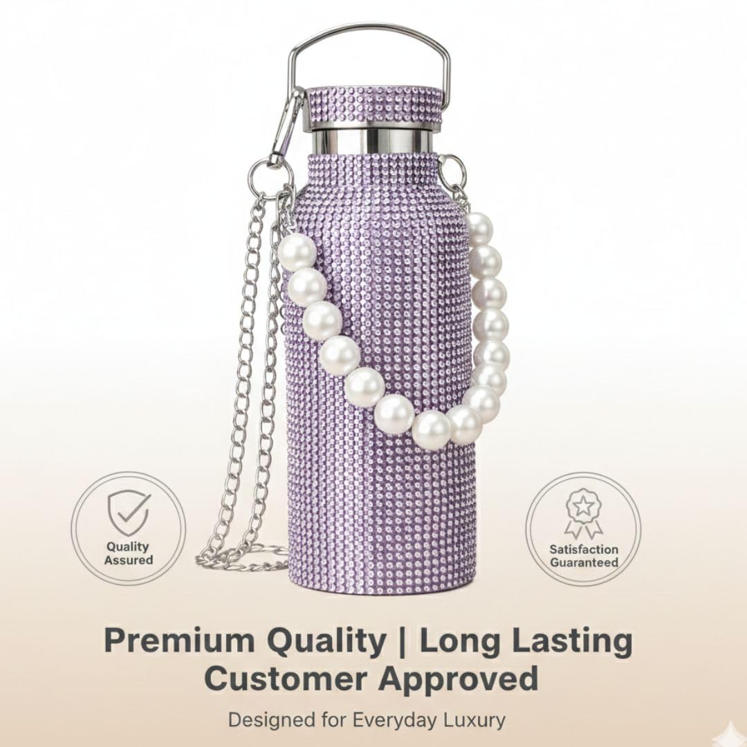 Sling Bling Water Bottle | 650ML | Stylish Insulated Bottle with Strap for Travel & Daily Use | Insulated with Silver Chain Strap & Pearl Charm | Birthday Anniversary Valentine Gift for Girlfriend Wife Sister