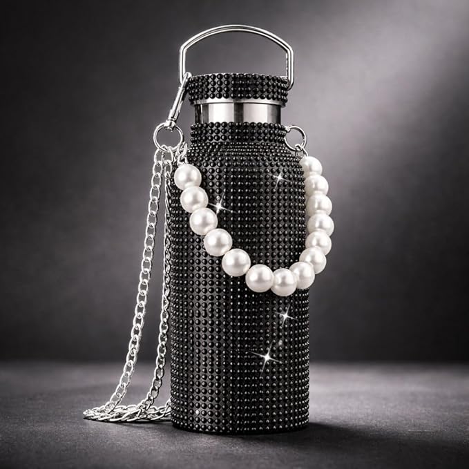 Sling Bling Water Bottle | 650ML | Stylish Insulated Bottle with Strap for Travel & Daily Use | Insulated with Silver Chain Strap & Pearl Charm | Birthday Anniversary Valentine Gift for Girlfriend Wife Sister