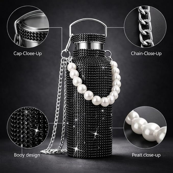 Sling Bling Water Bottle | 650ML | Stylish Insulated Bottle with Strap for Travel & Daily Use | Insulated with Silver Chain Strap & Pearl Charm | Birthday Anniversary Valentine Gift for Girlfriend Wife Sister