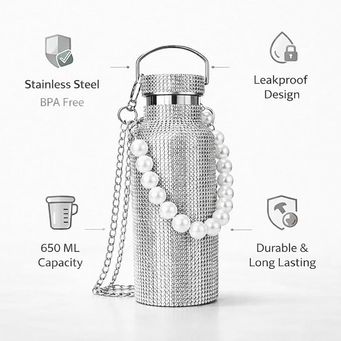 Sling Bling Water Bottle | 650ML | Stylish Insulated Bottle with Strap for Travel & Daily Use | Insulated with Silver Chain Strap & Pearl Charm | Birthday Anniversary Valentine Gift for Girlfriend Wife Sister