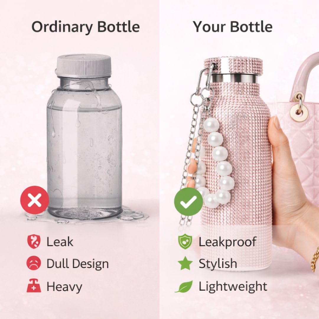 Sling Bling Water Bottle | 650ML | Stylish Insulated Bottle with Strap for Travel & Daily Use | Insulated with Silver Chain Strap & Pearl Charm | Birthday Anniversary Valentine Gift for Girlfriend Wife Sister