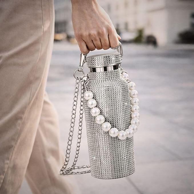 Sling Bling Water Bottle | 650ML | Stylish Insulated Bottle with Strap for Travel & Daily Use | Insulated with Silver Chain Strap & Pearl Charm | Birthday Anniversary Valentine Gift for Girlfriend Wife Sister