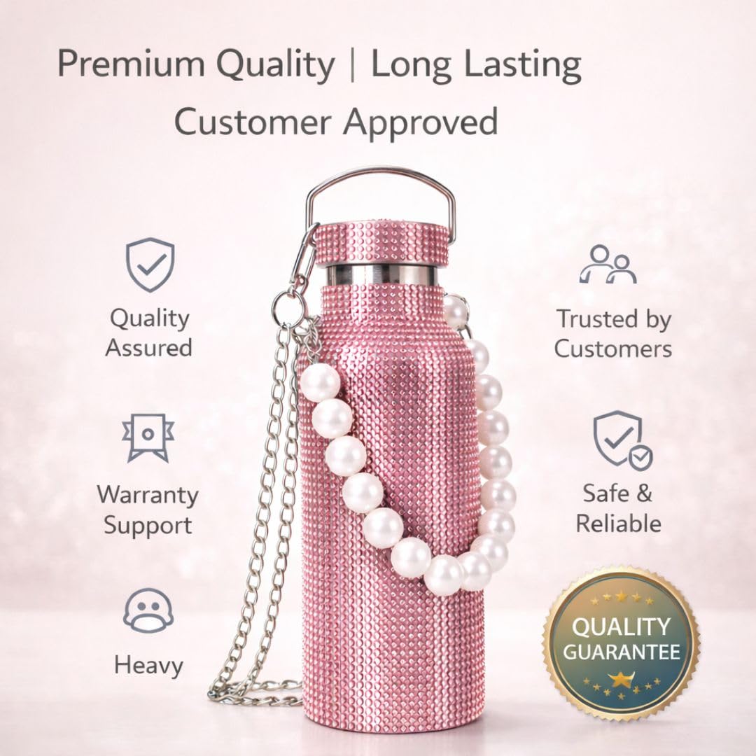 Sling Bling Water Bottle | 650ML | Stylish Insulated Bottle with Strap for Travel & Daily Use | Insulated with Silver Chain Strap & Pearl Charm | Birthday Anniversary Valentine Gift for Girlfriend Wife Sister