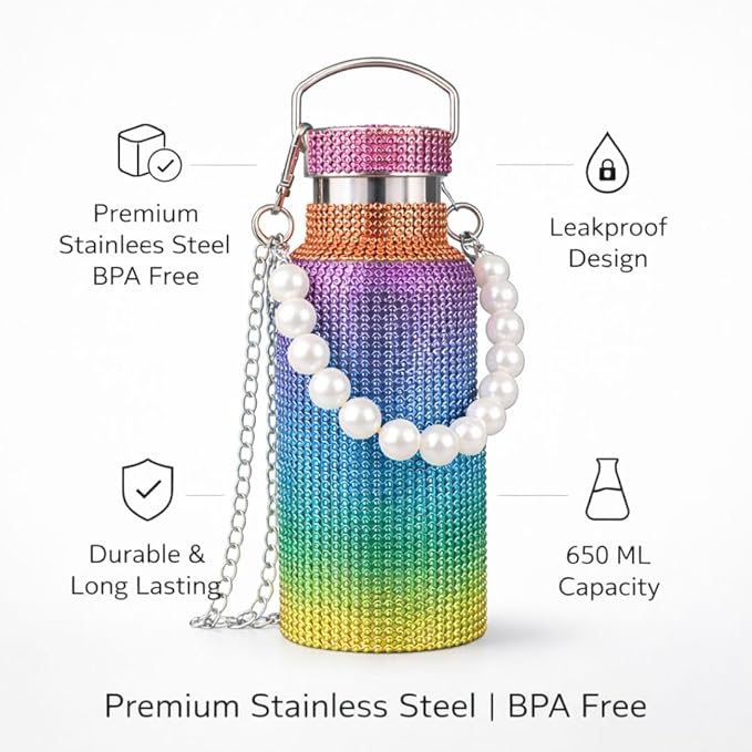 Sling Bling Water Bottle | 650ML | Stylish Insulated Bottle with Strap for Travel & Daily Use | Insulated with Silver Chain Strap & Pearl Charm | Birthday Anniversary Valentine Gift for Girlfriend Wife Sister