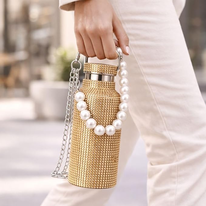 Sling Bling Water Bottle | 650ML | Stylish Insulated Bottle with Strap for Travel & Daily Use | Insulated with Silver Chain Strap & Pearl Charm | Birthday Anniversary Valentine Gift for Girlfriend Wife Sister