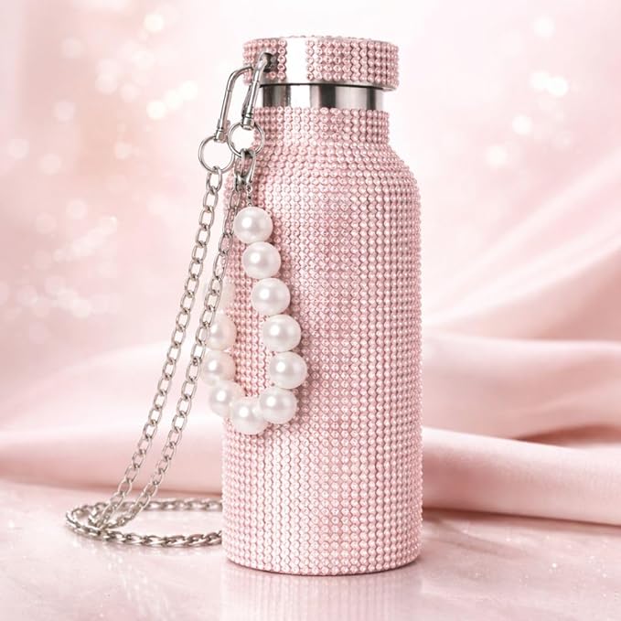 Sling Bling Water Bottle | 650ML | Stylish Insulated Bottle with Strap for Travel & Daily Use | Insulated with Silver Chain Strap & Pearl Charm | Birthday Anniversary Valentine Gift for Girlfriend Wife Sister
