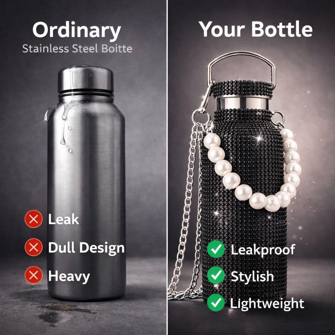 Sling Bling Water Bottle | 650ML | Stylish Insulated Bottle with Strap for Travel & Daily Use | Insulated with Silver Chain Strap & Pearl Charm | Birthday Anniversary Valentine Gift for Girlfriend Wife Sister